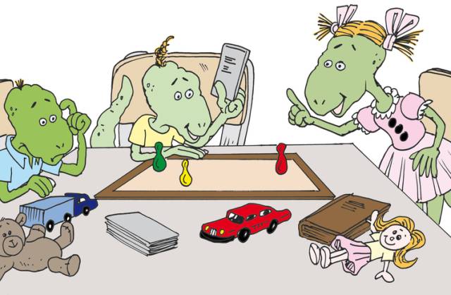 Drie Dinos aan de keukentafel Drie Dinos aan de keukentafel